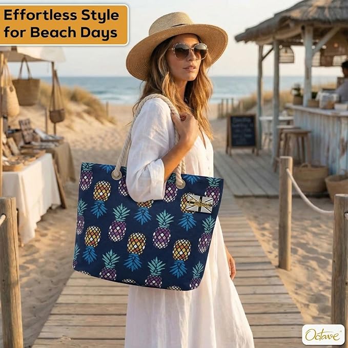 OCTAVE Ladies Summer Beach Tote Handbag - Pineapple Design - Navy Multi Pineapples