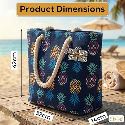 OCTAVE Ladies Summer Beach Tote Handbag - Pineapple Design - Navy Multi Pineapples