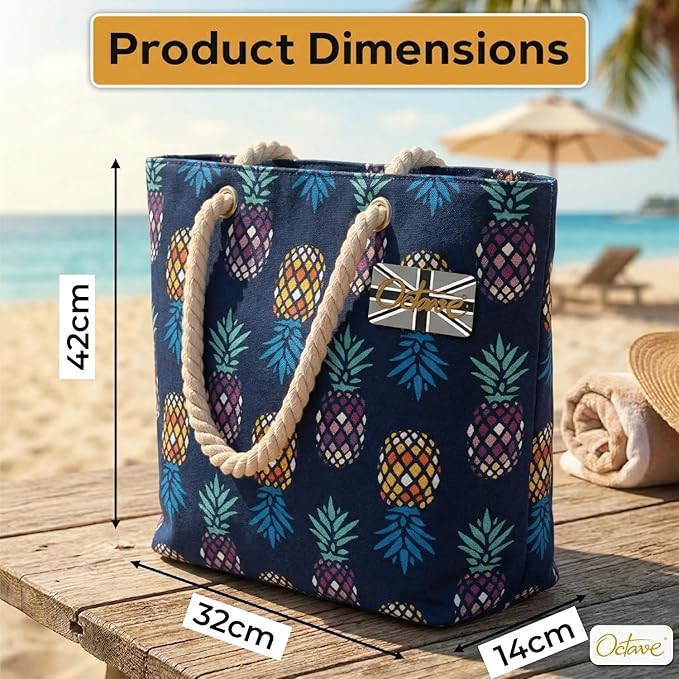 OCTAVE Ladies Summer Beach Tote Handbag - Pineapple Design - Navy Multi Pineapples