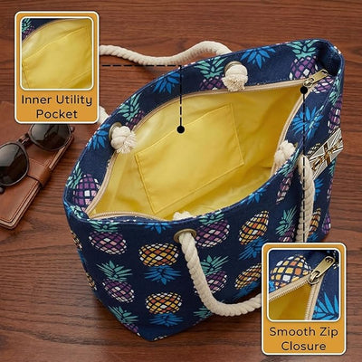 OCTAVE Ladies Summer Beach Tote Handbag - Pineapple Design - Navy Multi Pineapples