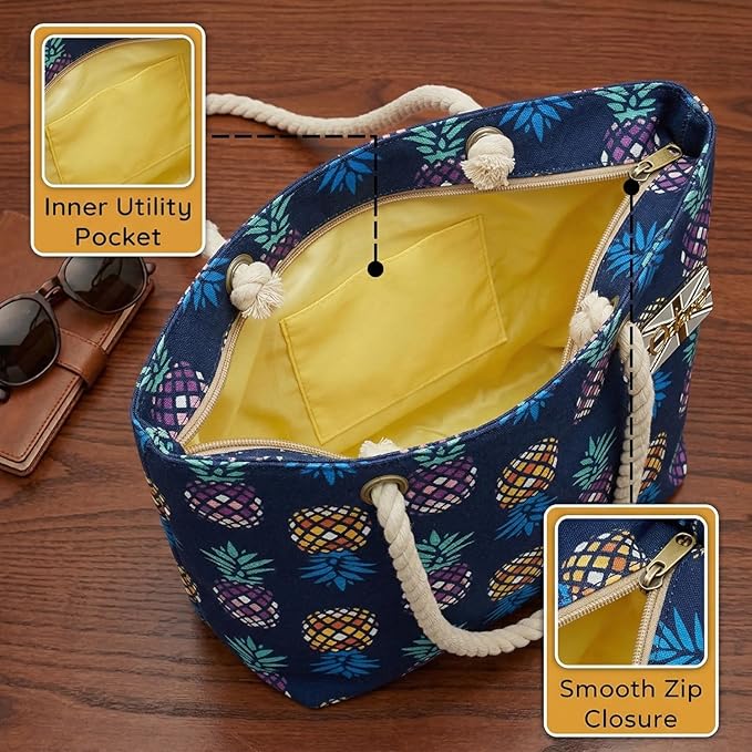 OCTAVE Ladies Summer Beach Tote Handbag - Pineapple Design - Navy Multi Pineapples