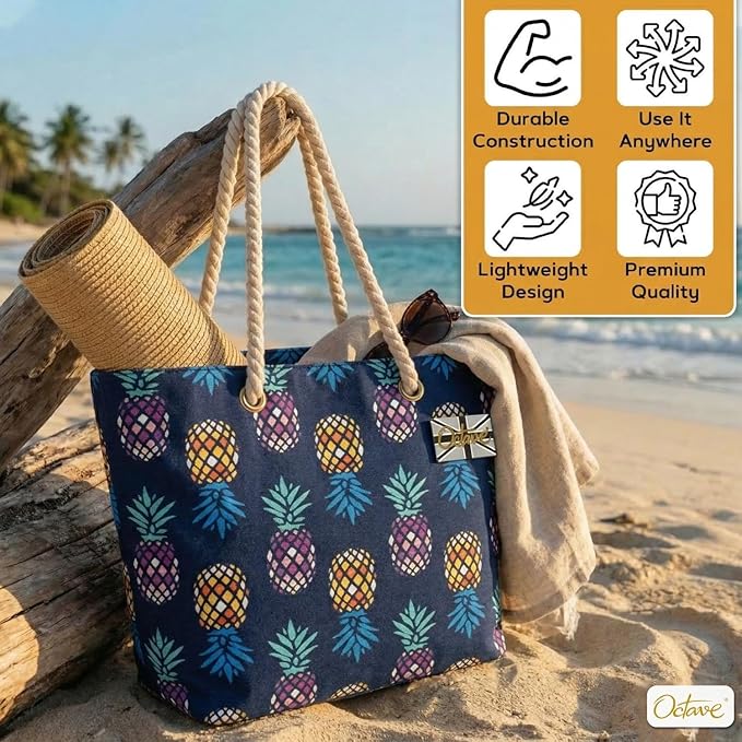 OCTAVE Ladies Summer Beach Tote Handbag - Pineapple Design - Navy Multi Pineapples