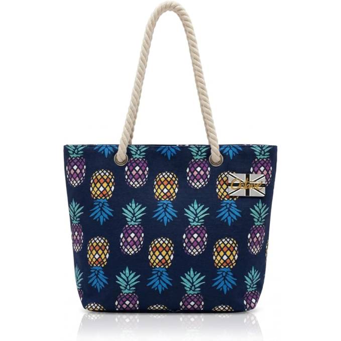 OCTAVE Ladies Summer Beach Tote Handbag - Pineapple Design - Navy Multi Pineapples