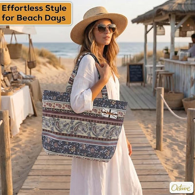 OCTAVE Ladies Summer Beach Tote Handbag - Aztec Tapestry Design - Multicoloured