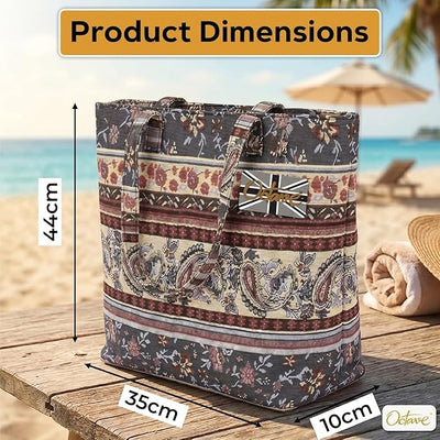 OCTAVE Ladies Summer Beach Tote Handbag - Aztec Tapestry Design - Multicoloured