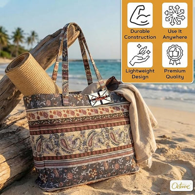 OCTAVE Ladies Summer Beach Tote Handbag - Aztec Tapestry Design - Multicoloured