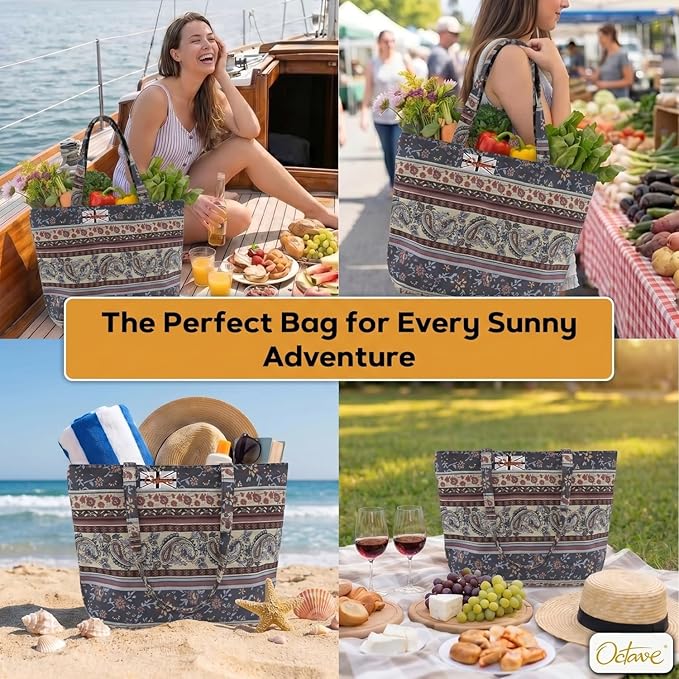 OCTAVE Ladies Summer Beach Tote Handbag - Aztec Tapestry Design - Multicoloured
