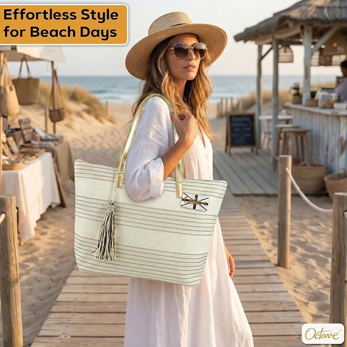 OCTAVE Ladies Summer Beach Tote Handbag - Striped Design With Tassel - Cream