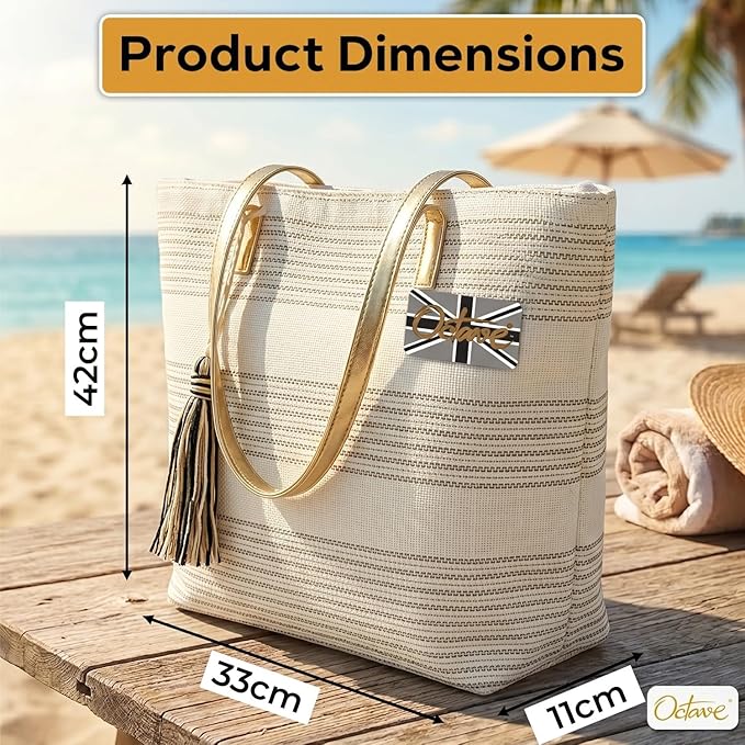 OCTAVE Ladies Summer Beach Tote Handbag - Striped Design With Tassel - Cream