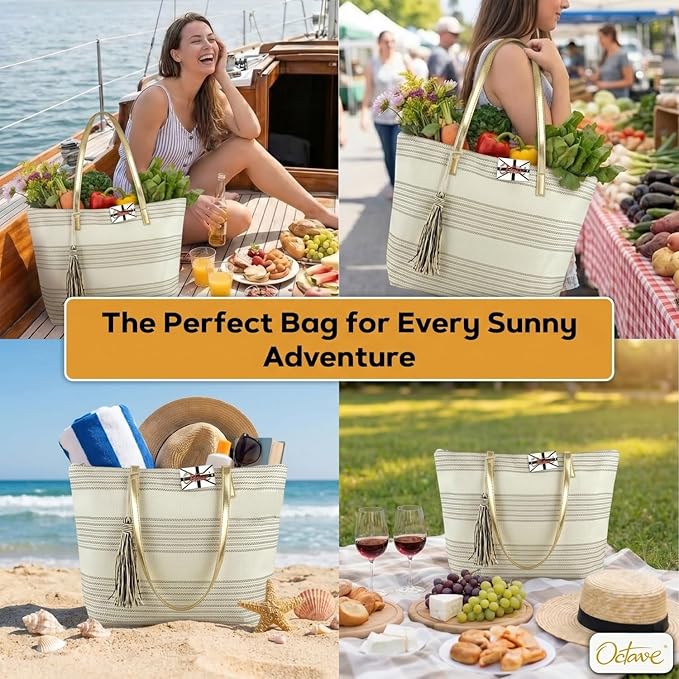 OCTAVE Ladies Summer Beach Tote Handbag - Striped Design With Tassel - Cream