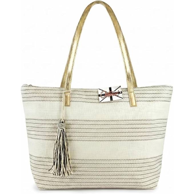OCTAVE Ladies Summer Beach Tote Handbag - Striped Design With Tassel - Cream