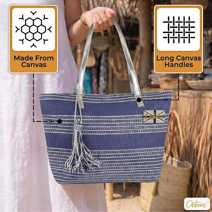 OCTAVE Ladies Summer Beach Tote Handbag - Striped Design With Tassel - Navy