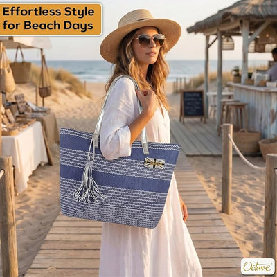 OCTAVE Ladies Summer Beach Tote Handbag - Striped Design With Tassel - Navy