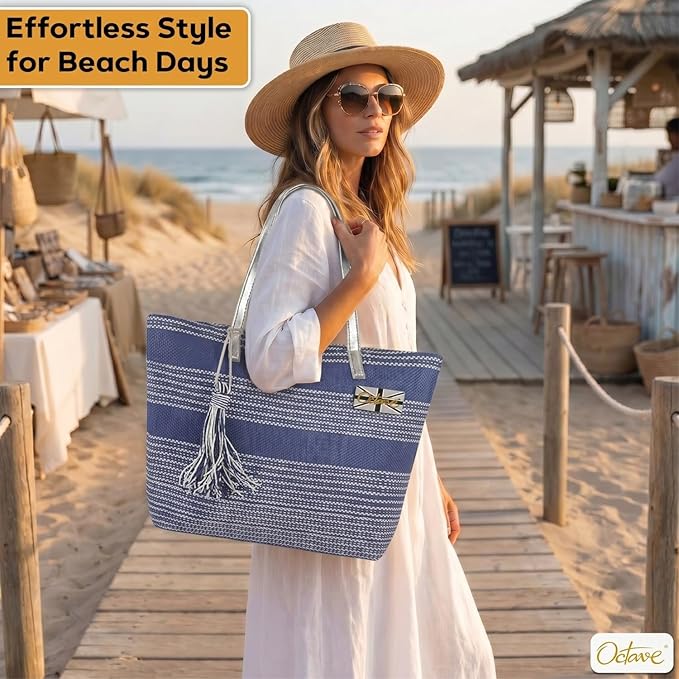 OCTAVE Ladies Summer Beach Tote Handbag - Striped Design With Tassel - Navy