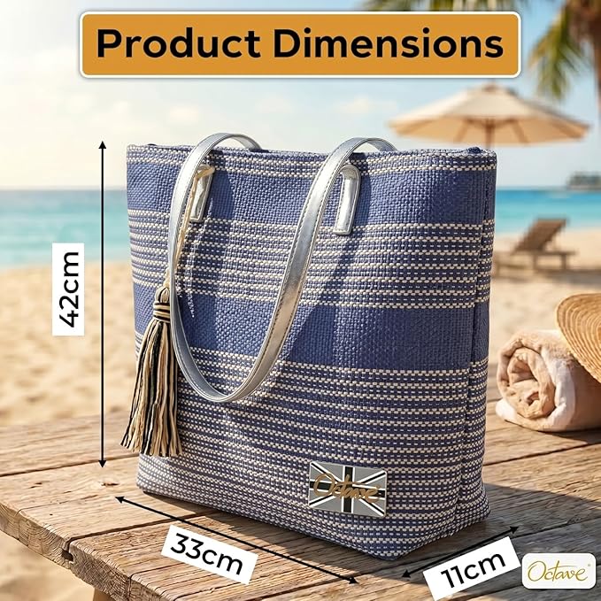 OCTAVE Ladies Summer Beach Tote Handbag - Striped Design With Tassel - Navy