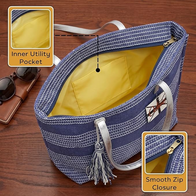 OCTAVE Ladies Summer Beach Tote Handbag - Striped Design With Tassel - Navy