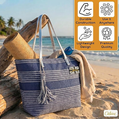 OCTAVE Ladies Summer Beach Tote Handbag - Striped Design With Tassel - Navy