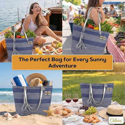 OCTAVE Ladies Summer Beach Tote Handbag - Striped Design With Tassel - Navy