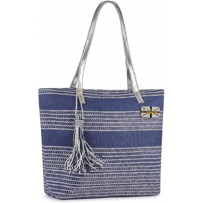 OCTAVE Ladies Summer Beach Tote Handbag - Striped Design With Tassel - Navy