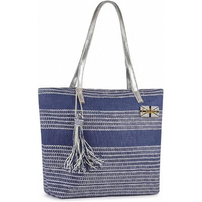 OCTAVE Ladies Summer Beach Tote Handbag - Striped Design With Tassel - Navy