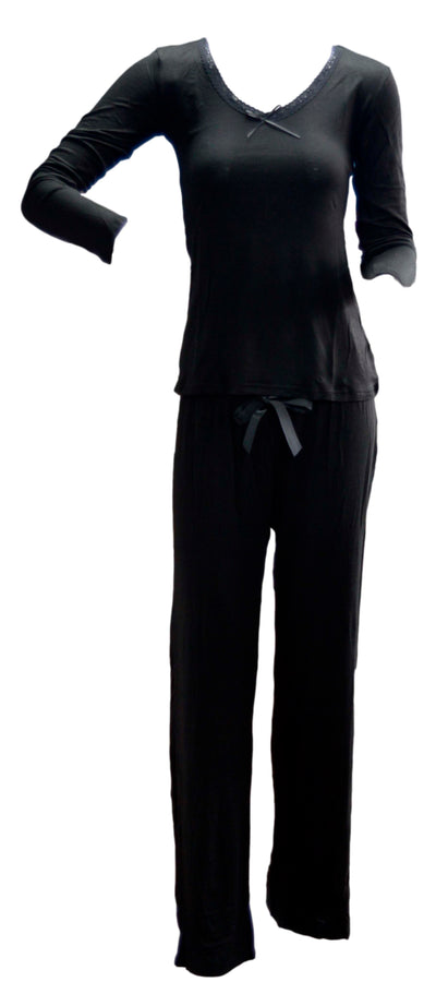 OCTAVE Ladies Viscose Long Sleeve Lace Trim V Neck Top & Long Pants Pyjama Set