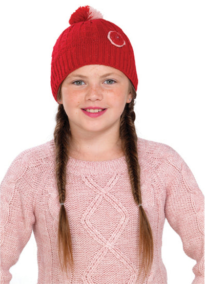 OCTAVE Girls Red Knitted Pom Pom / Bobble Hat With Round Flower Detail