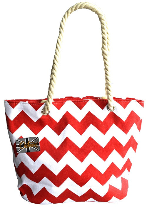 OCTAVE Summer Beach Tote Handbag Zigzag Design - Red & White