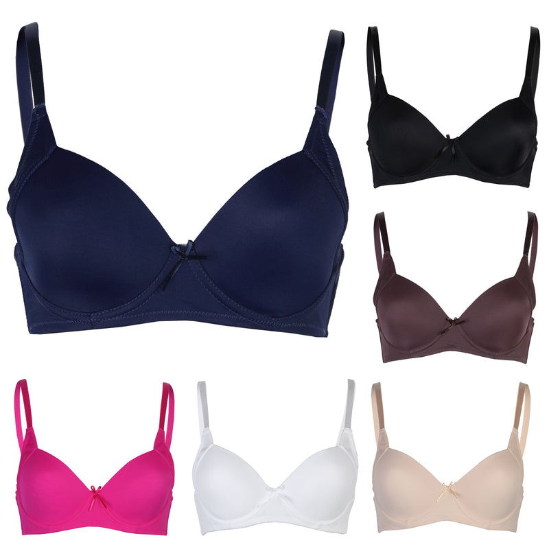 Passionelle® Womens Classic Lingerie Designer Seamless T-Shirt Bras - Pack of 6