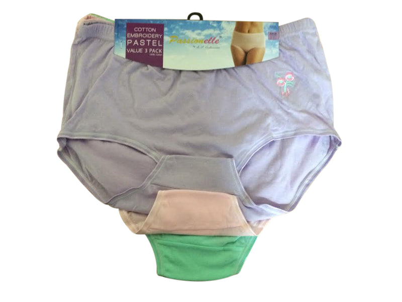 Pack of 3 : Passionelle® Womens Soft 100% Cotton Embrodiery Pastel Mama Briefs