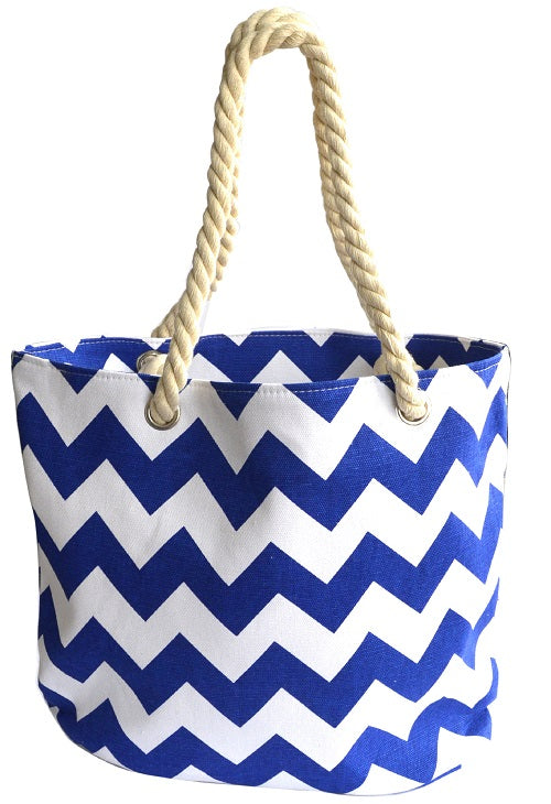 OCTAVE Ladies Summer Beach Tote Handbag - Zigzag Design - Blue & White