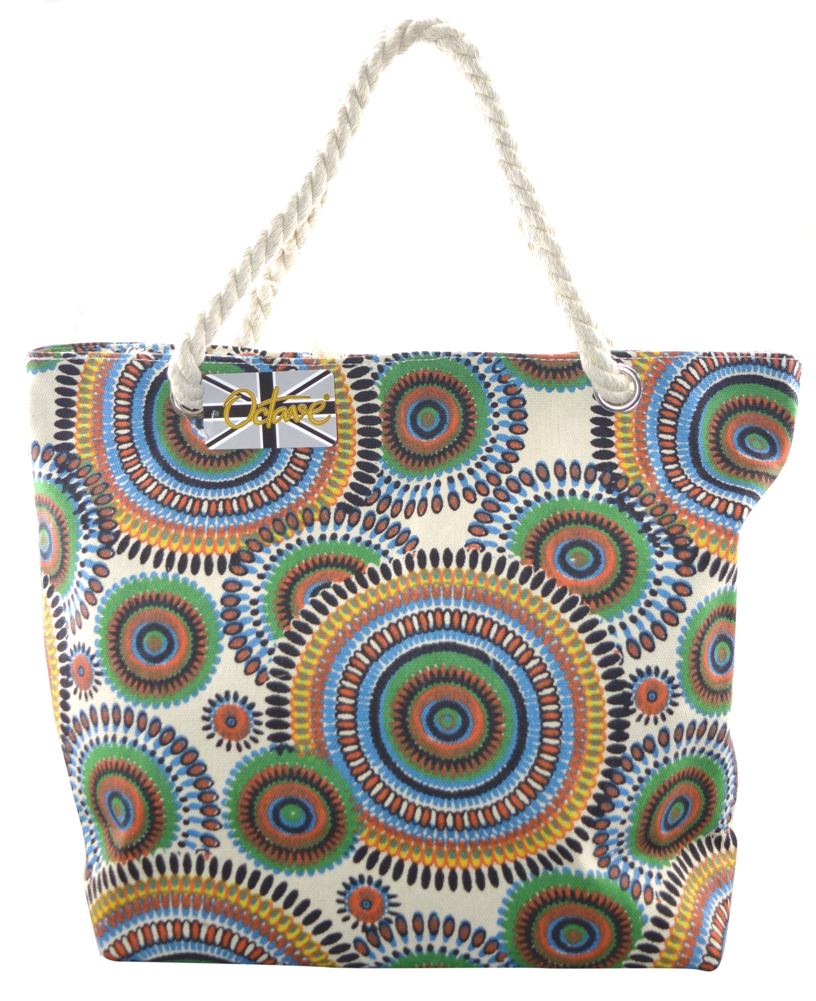 OCTAVE Ladies Summer Beach Tote Handbag - Circles Design - Blue / Green