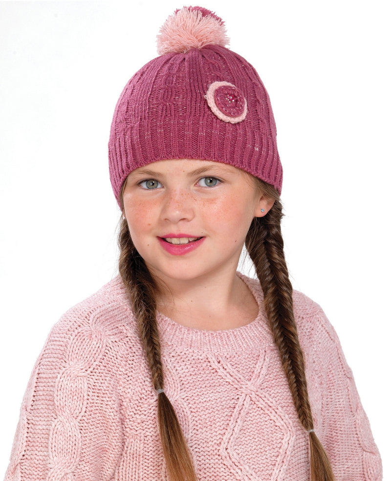 OCTAVE Girls Red Knitted Pom Pom / Bobble Hat With Round Flower Detail