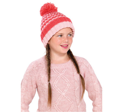 OCTAVE Girls Pink Striped Knitted Pom Pom / Bobble Hat