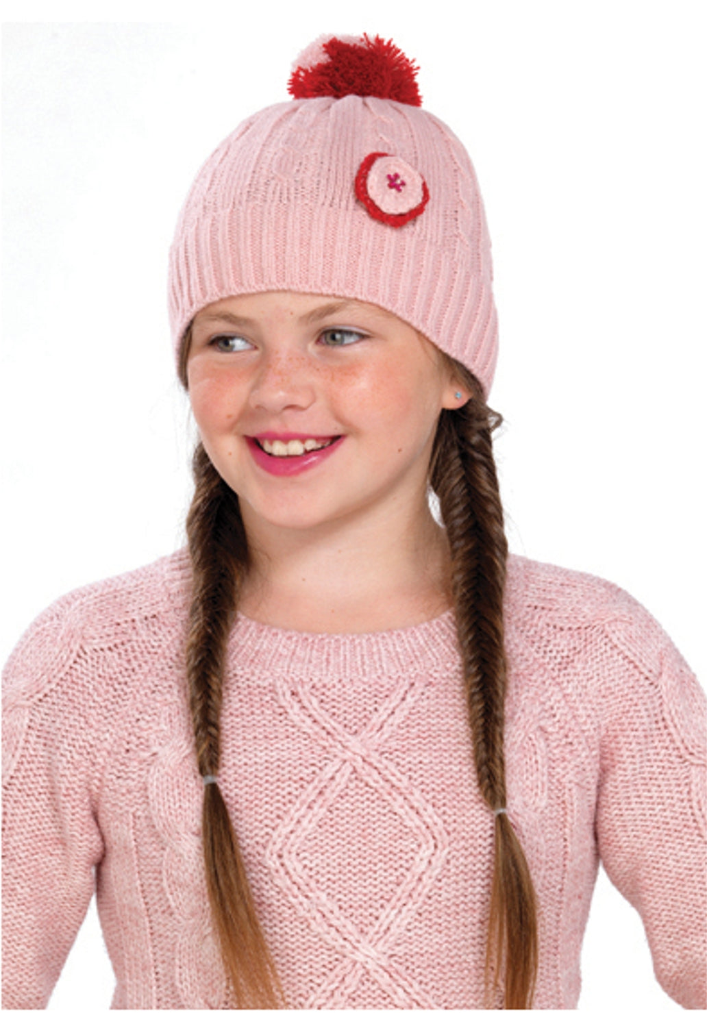 OCTAVE Girls Red Knitted Pom Pom / Bobble Hat With Round Flower Detail-Pink