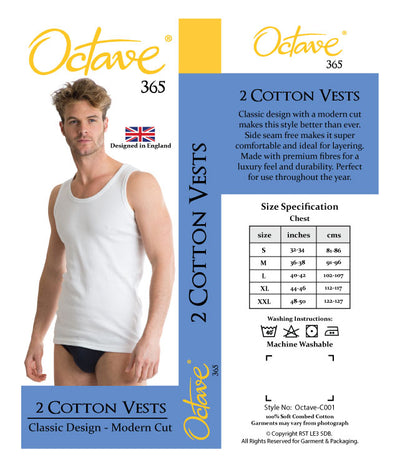 OCTAVE 2 Pack Mens Soft 100% Combed Cotton Classic Vests Either Black or White