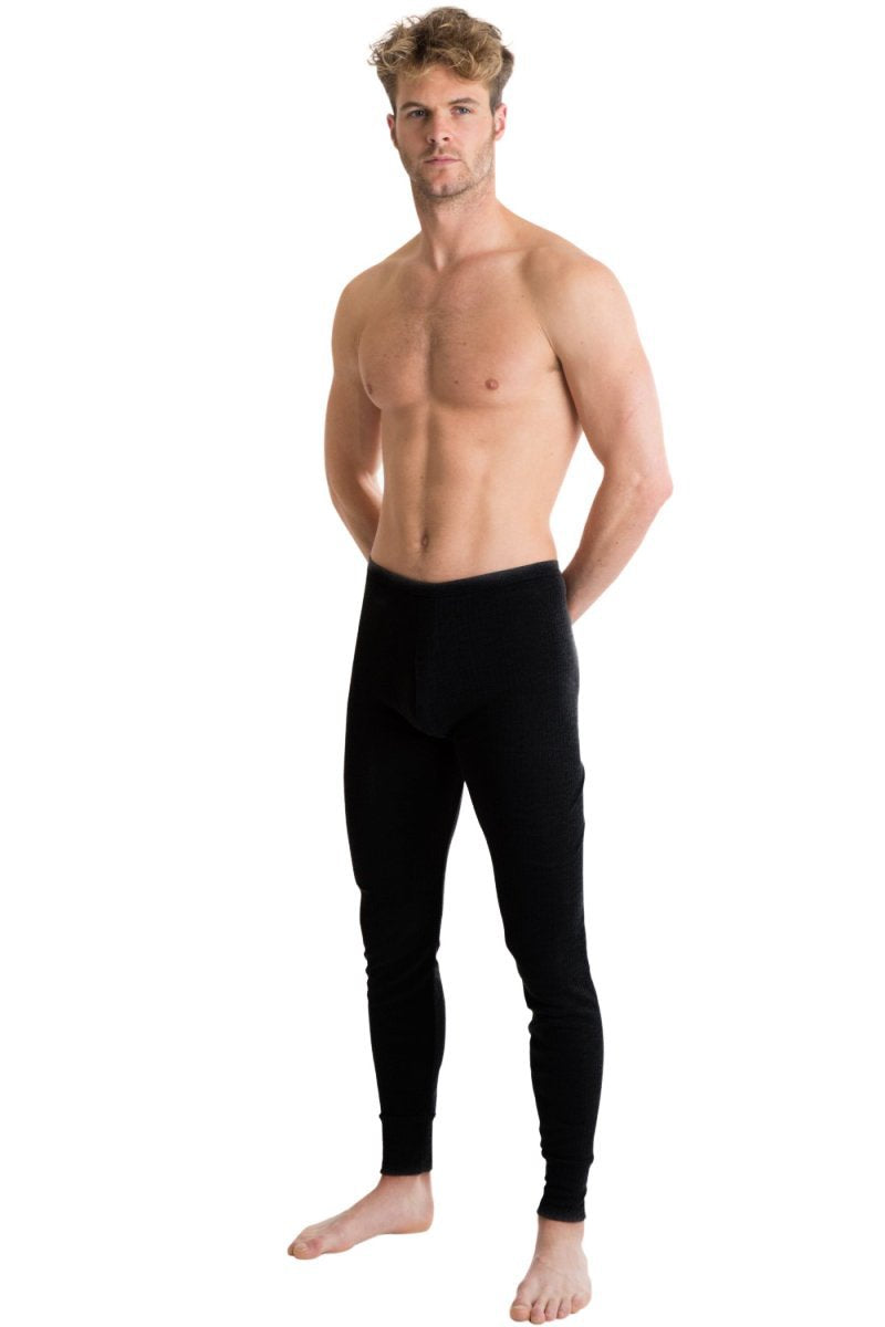 Black Long John Ribbed Thermal Bottoms, Men