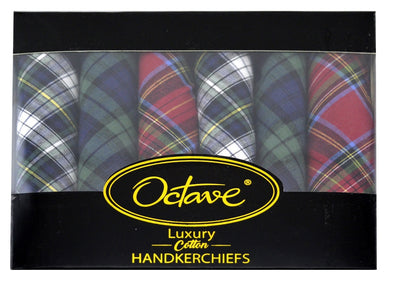 OCTAVE Mens 100% Cotton Tartan Print Handkerchiefs - Gift Boxed 6 Pack - Perfect Gift Idea