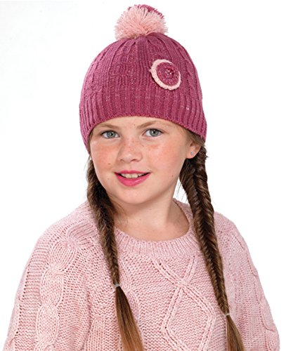 OCTAVE Girls Red Knitted Pom Pom / Bobble Hat With Round Flower Detail-Purple-Size 3-6 Years