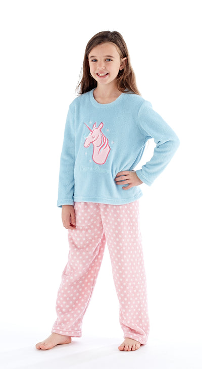 OCTAVE Girls Fun Unicorn Print Super Soft Coral Fleece Loungewear Pyjama Set