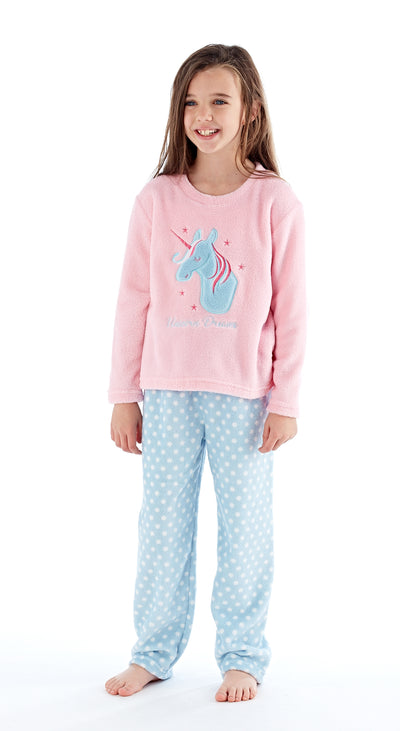 OCTAVE Girls Fun Unicorn Print Super Soft Coral Fleece Loungewear Pyjama Set