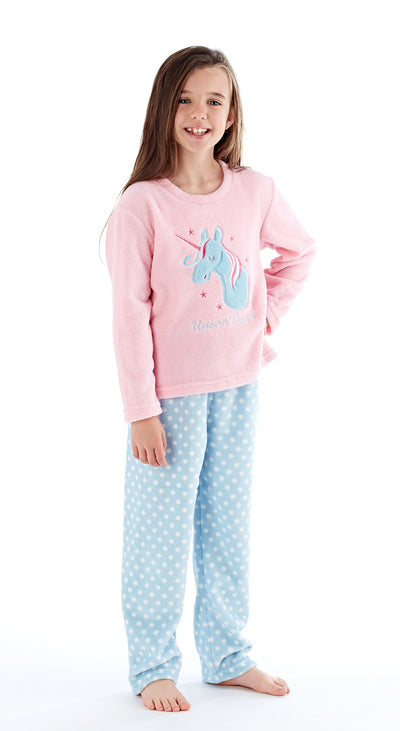 OCTAVE Girls Fun Unicorn Print Super Soft Coral Fleece Loungewear Pyjama Set