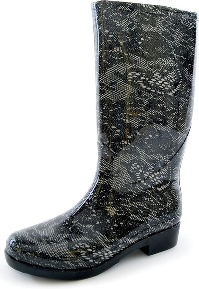 Octave Ladies Black Lace Print Wellington Boots