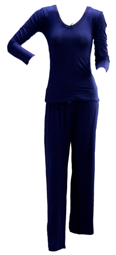 OCTAVE Ladies Viscose Long Sleeve Lace Trim V Neck Top & Long Pants Pyjama Set