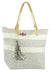 OCTAVE Ladies Summer Beach Tote Handbag - Striped Design With Tassel - Cream