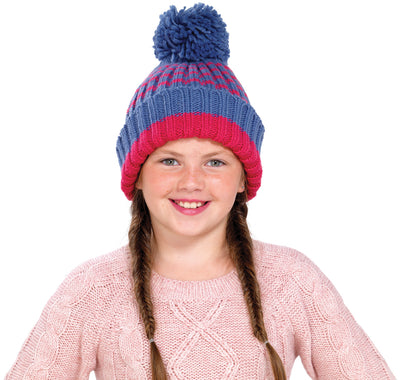 OCTAVE Girls Pink Striped Knitted Pom Pom / Bobble Hat