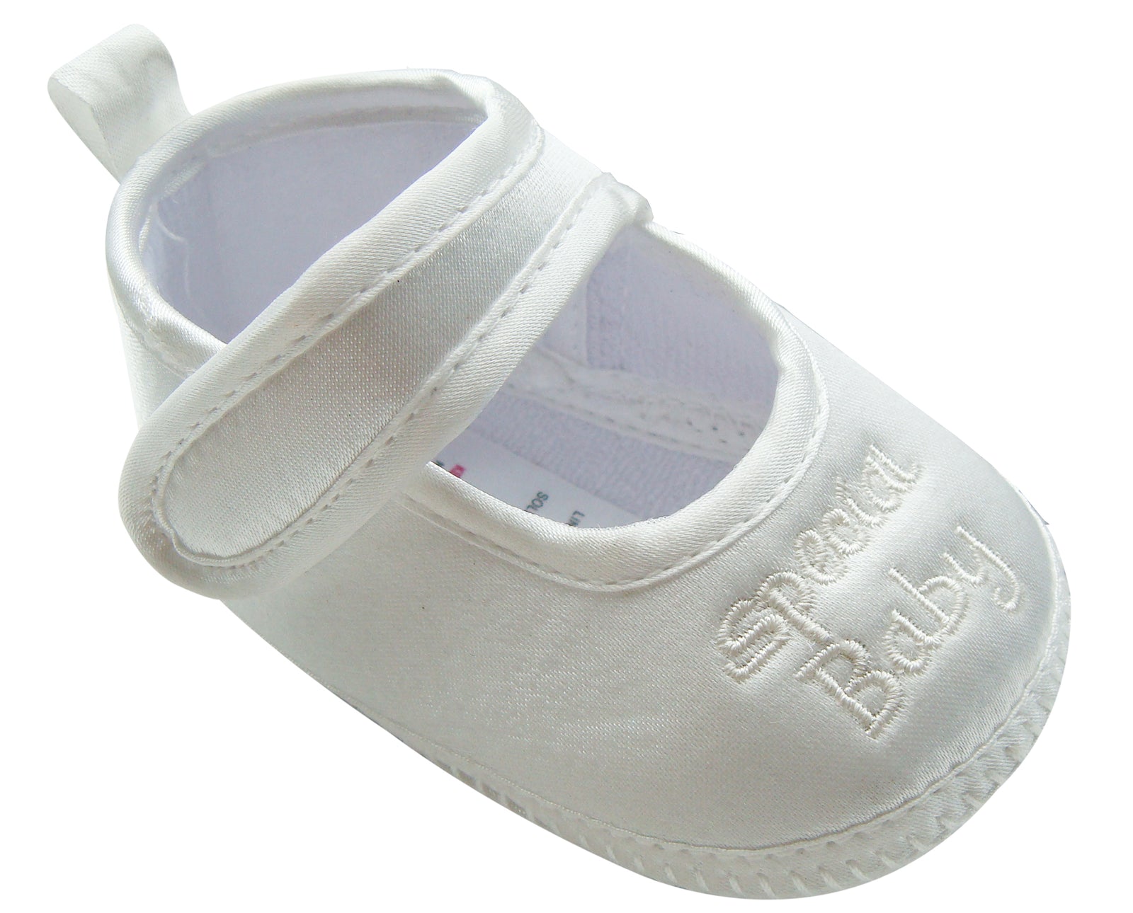 MABINI Baby Satin Christening / Special Occasion Shoes With "Special Baby" Embroidery Detail On Front
