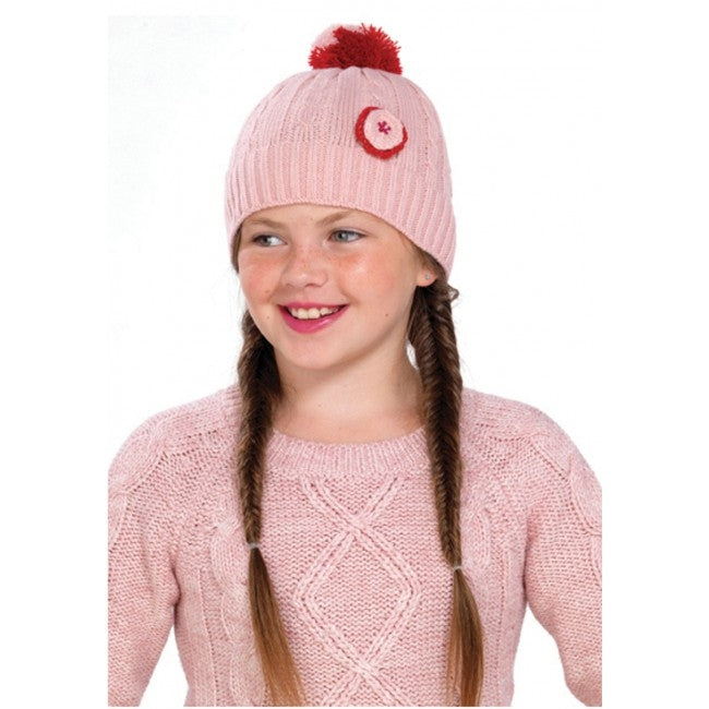 OCTAVE Girls Red Knitted Pom Pom / Bobble Hat With Round Flower Detail