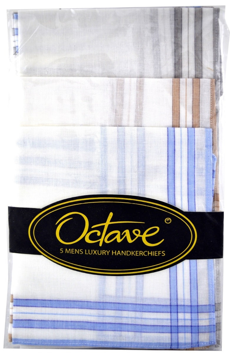 OCTAVE Mens White Poly Cotton Handkerchiefs With Printed Colour Border -  5 Pack
