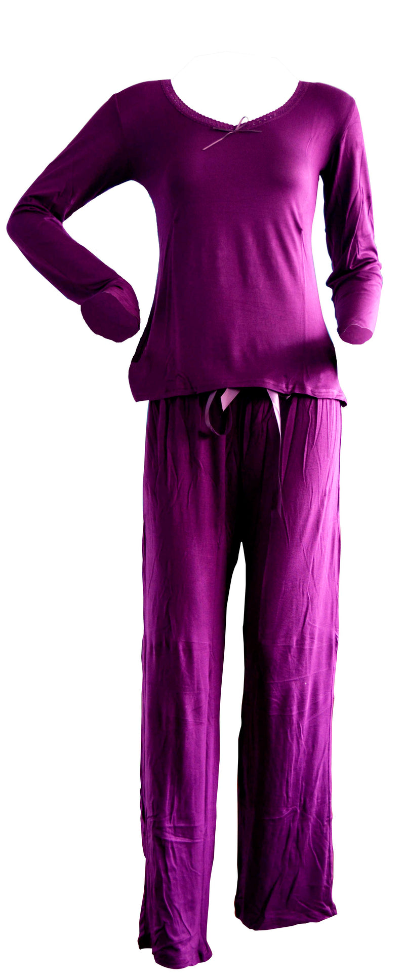 OCTAVE Ladies Viscose Long Sleeve Lace Trim V Neck Top & Long Pants Pyjama Set