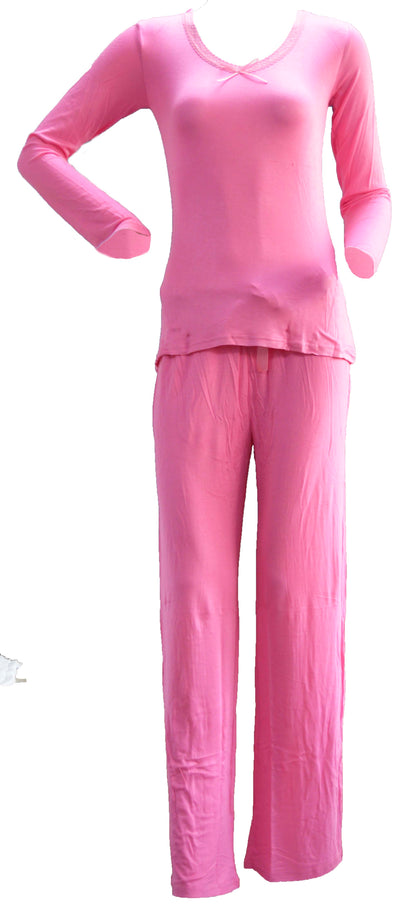 OCTAVE Ladies Viscose Long Sleeve Lace Trim V Neck Top & Long Pants Pyjama Set